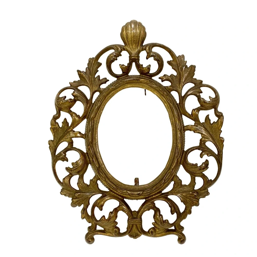 Vintage Cast Metal Frame Ornate Portrait Photo Holder Gold Victorian Oval FLAW